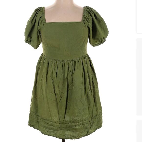 Princess Highway ModCloth 100% Cotton Liv Puff Sleeve Mini Dress Olive Green S14 - Picture 2 of 8